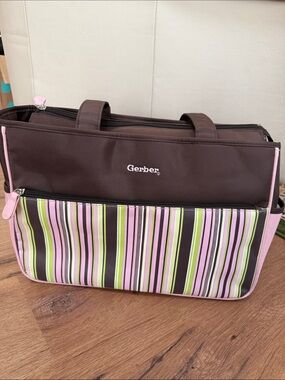 Gerber Pink, Brown and Green Striped Diaper Tote, EUC